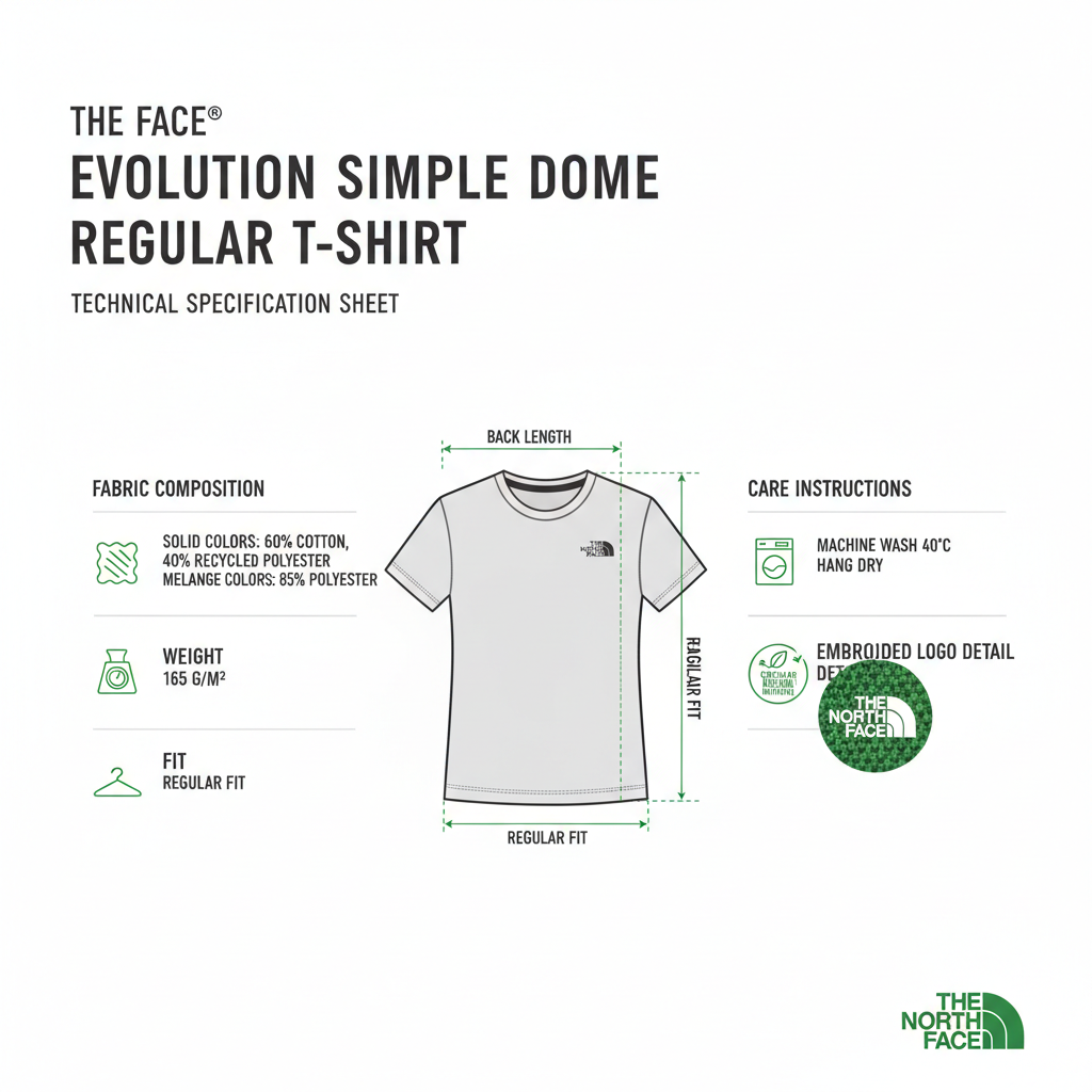 Infografica tecnica The North Face Evolution Simple Dome - specifiche tessuto, vestibilità, composizione, cura