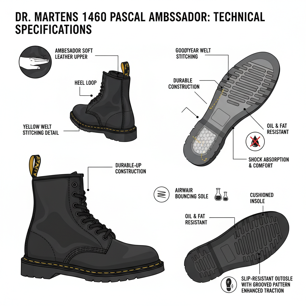 Infografica tecnica Dr. Martens 1460 Pascal: pelle Ambassador, 8 occhielli, Goodyear welt, AirWair, grip, 650g