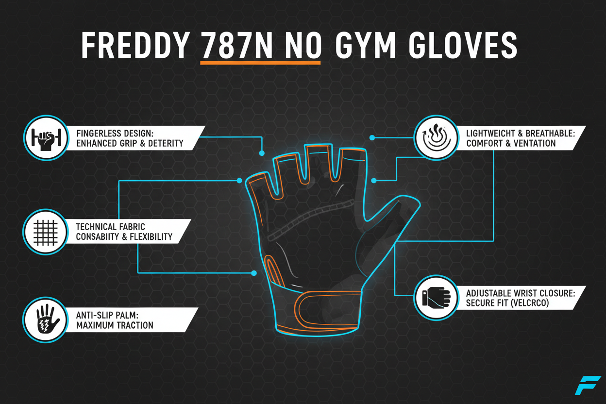 Freddy guanto palestra 787N N0 nero caratteristiche: dita libere, palmo antiscivolo, chiusura velcro polso, tessuto tecnico traspirante, peso 50g