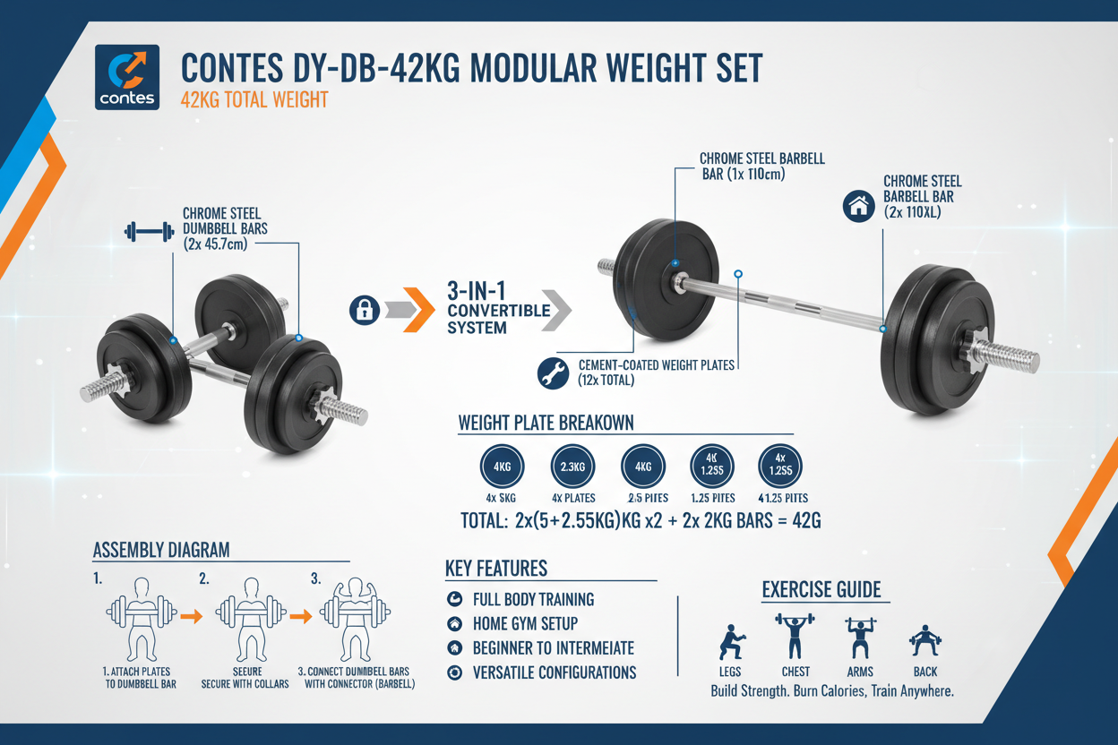 Infografica tecnica Contes DY-DB-42KG set 42kg: 2 barre manubri, barra bilanciere, 12 dischi cemento, 4 collari, 3-in-1
