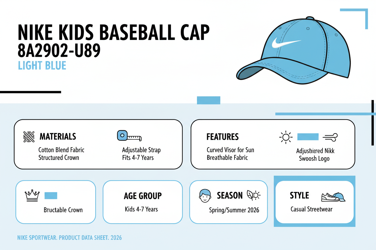 Infografica tecnica Nike berretto visiera bambino 8A2902-U89 azzurro: materiali cotone traspirante, età 4-7 anni, visiera curva protezione solare, chiusura regolabile, logo swoosh ricamato, peso 300g