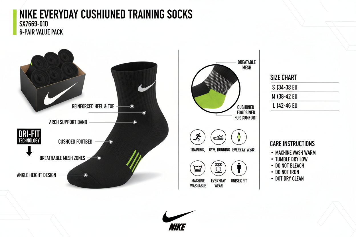 Infografica tecnica Nike Everyday Cushioned SX7669-010 calze training nero: 6 paia, Dri-FIT, ammortizzazione, supporto arco