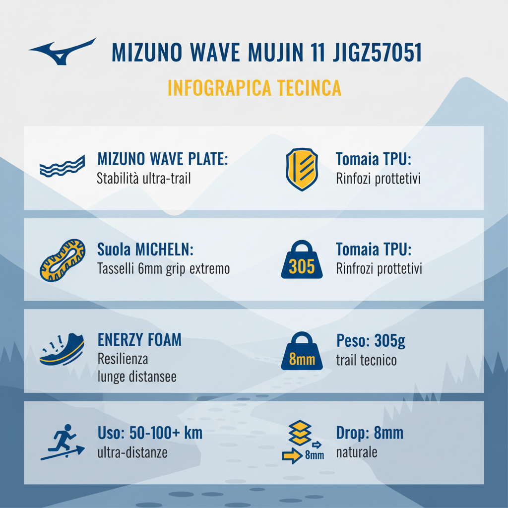 Infografica tecnica Mizuno Wave Mujin 11 J1GJ257051 - specifiche WAVE PLATE Michelin ultra-trail