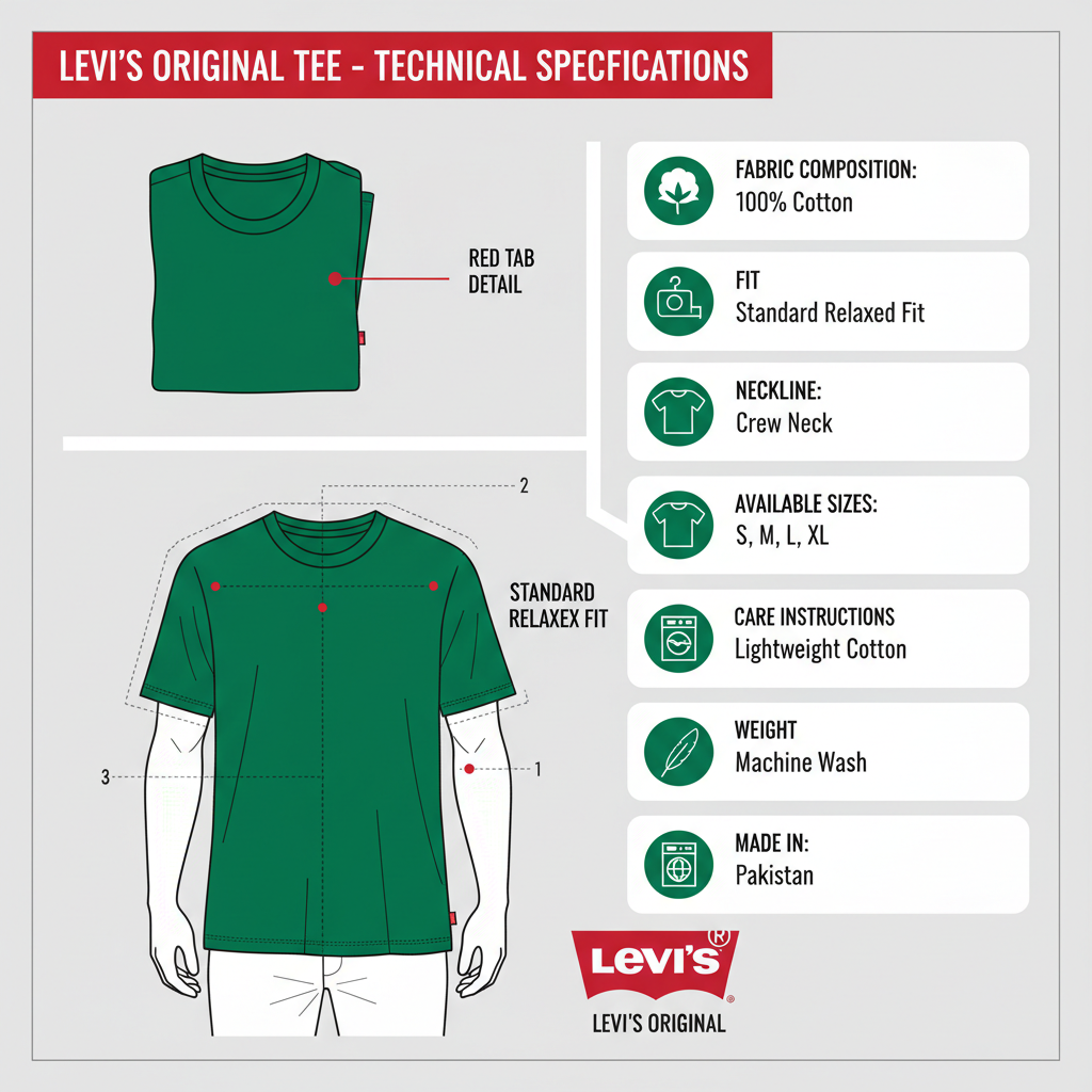 Infografica tecnica Levi's Original Tee verde - 100% cotone, vestibilità standard relaxed, girocollo, taglie disponibili