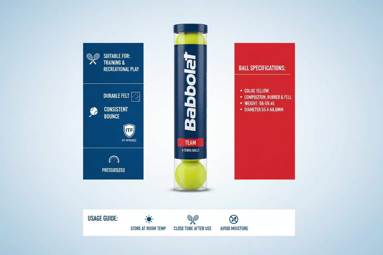 Infografica tecnica Babolat Team tennis balls tubo 4 gialle: feltro durevole, rimbalzo costante, ITF approved, training