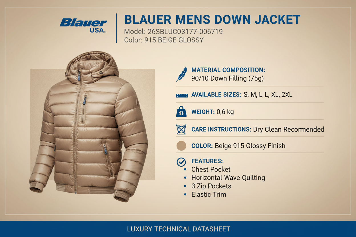 Infografica tecnica Piumino Blauer 26SBLUC03177-006719 uomo beige lucido: piuma 90/10 75g, taglie S-2XL, peso 0.6kg, cappuccio fisso, tasca petto, finitura glossy versatile