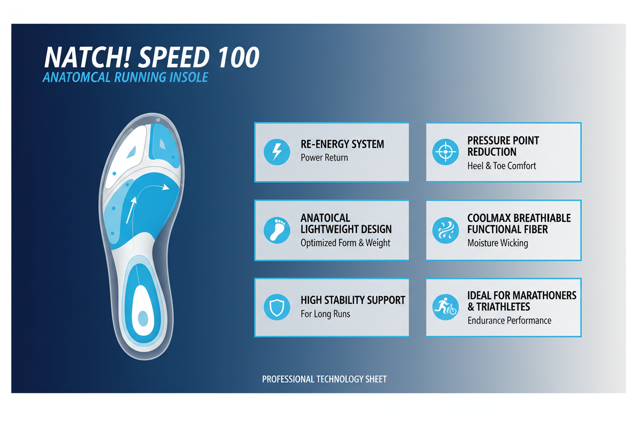 Natch! Speed 100 soletta caratteristiche: RE-ENERGY SYSTEM ritorno energia, COOLMAX traspirante, anatomica leggera 30g, stabilità maratona, riduzione pressione