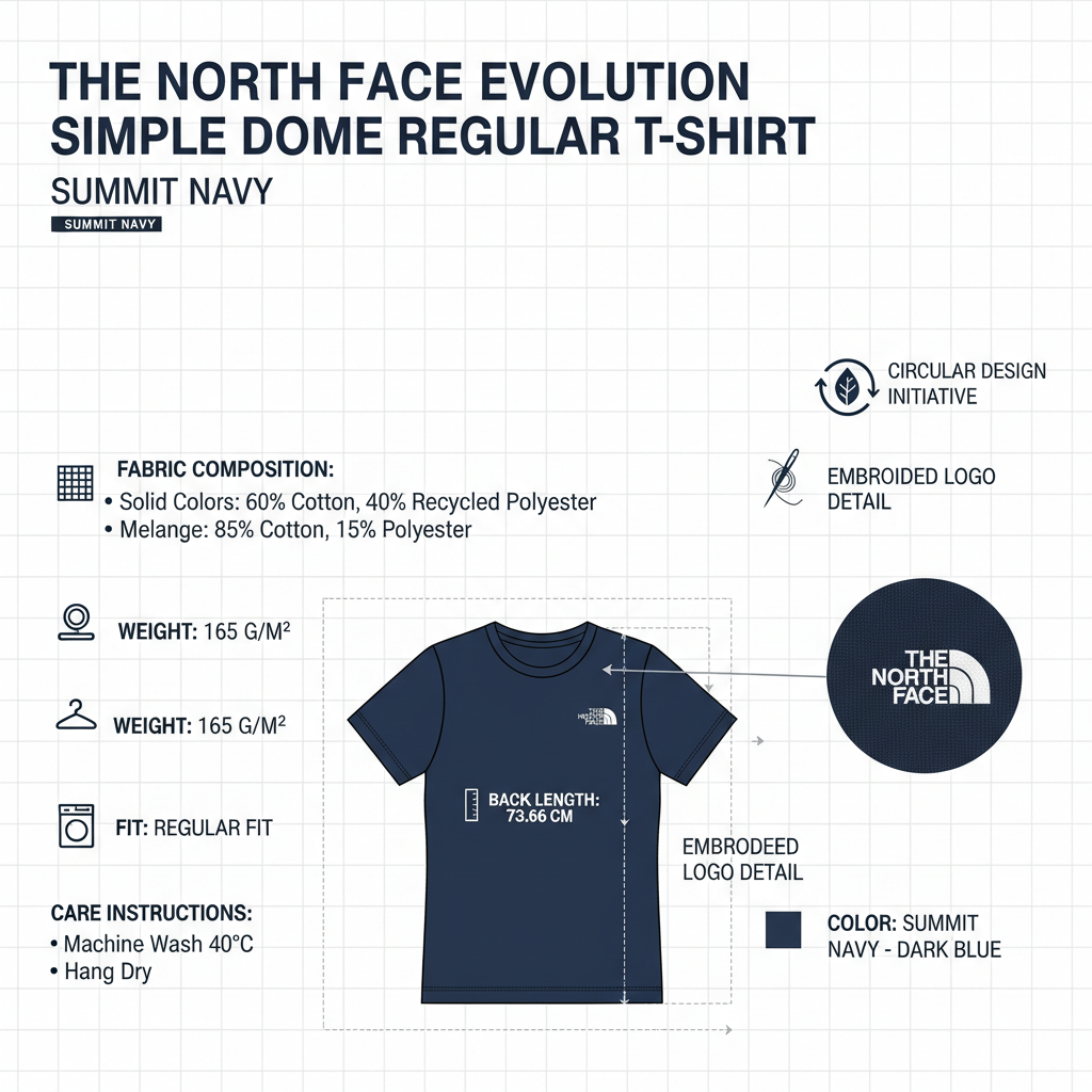 Infografica tecnica The North Face Evolution Simple Dome Summit Navy - specifiche tessuto, vestibilità, composizione, cura