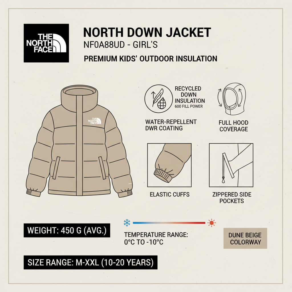 Infografica tecnica The North Face North Down NF0A88UD Dune - piumino bambina piuma riciclata 600FP, DWR idrorepellente, peso 380g, taglie M-XXL