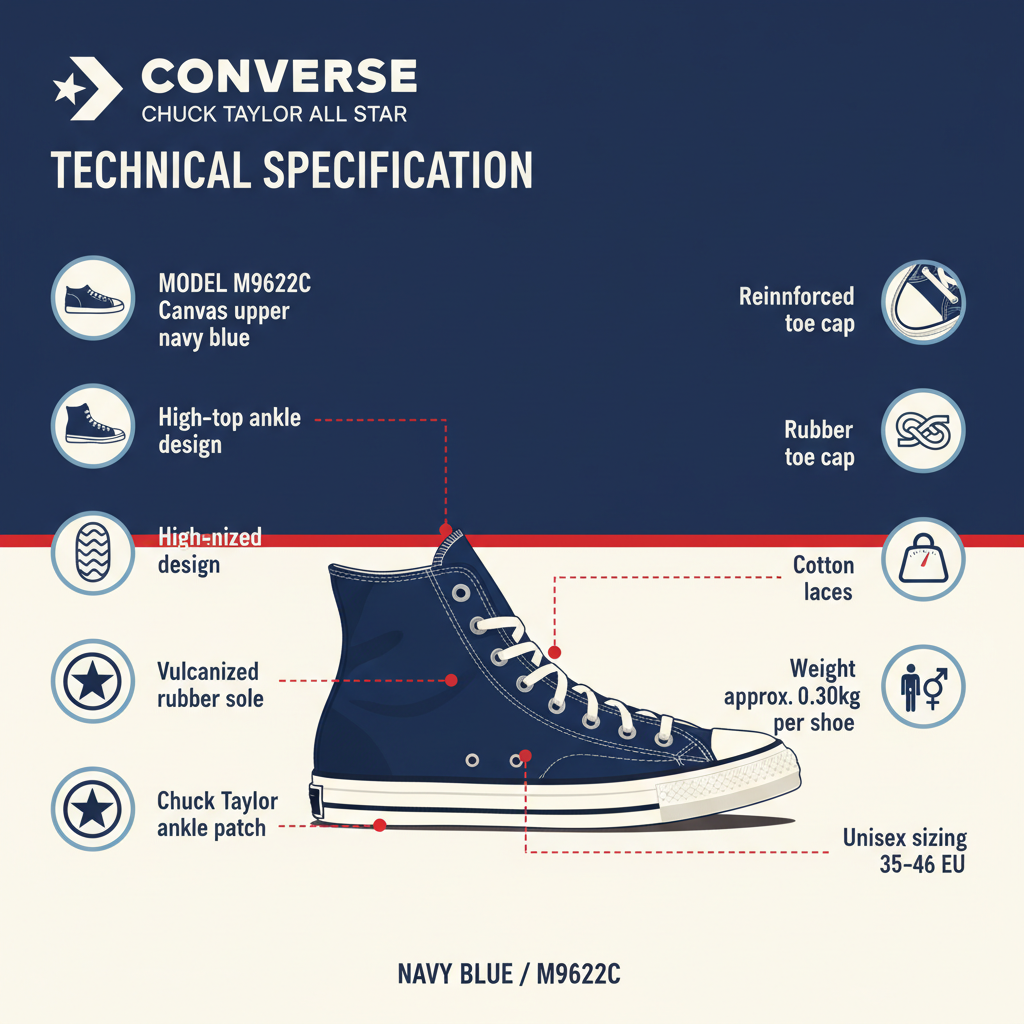 Infografica tecnica Converse Chuck Taylor M9622C specifiche canvas vulcanizzata patch caviglia navy