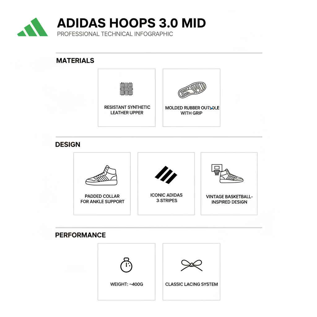 Infografica tecnica Adidas Hoops 3.0 Mid: specifiche materiali pelle sintetica, suola gomma preformata, supporto caviglia mid-cut, peso e design basket vintage