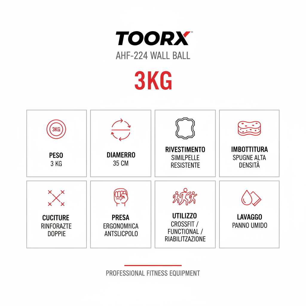 Infografica tecnica Toorx Wall Ball AHF-224 - Caratteristiche peso diametro rivestimento imbottitura cuciture presa utilizzo
