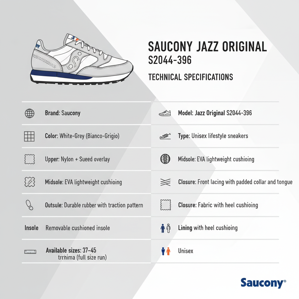 Infografica tecnica Saucony Jazz Original S2044-396 specifiche tomaia nylon camoscio intersuola EVA