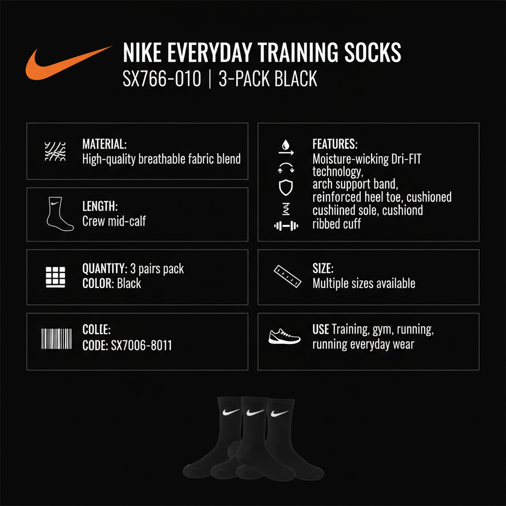 Nike Everyday SX7676-010 calze training specifiche tecniche: 3 paia nero, Dri-FIT traspirante, supporto arco plantare, tallone punta rinforzati, crew media lunghezza