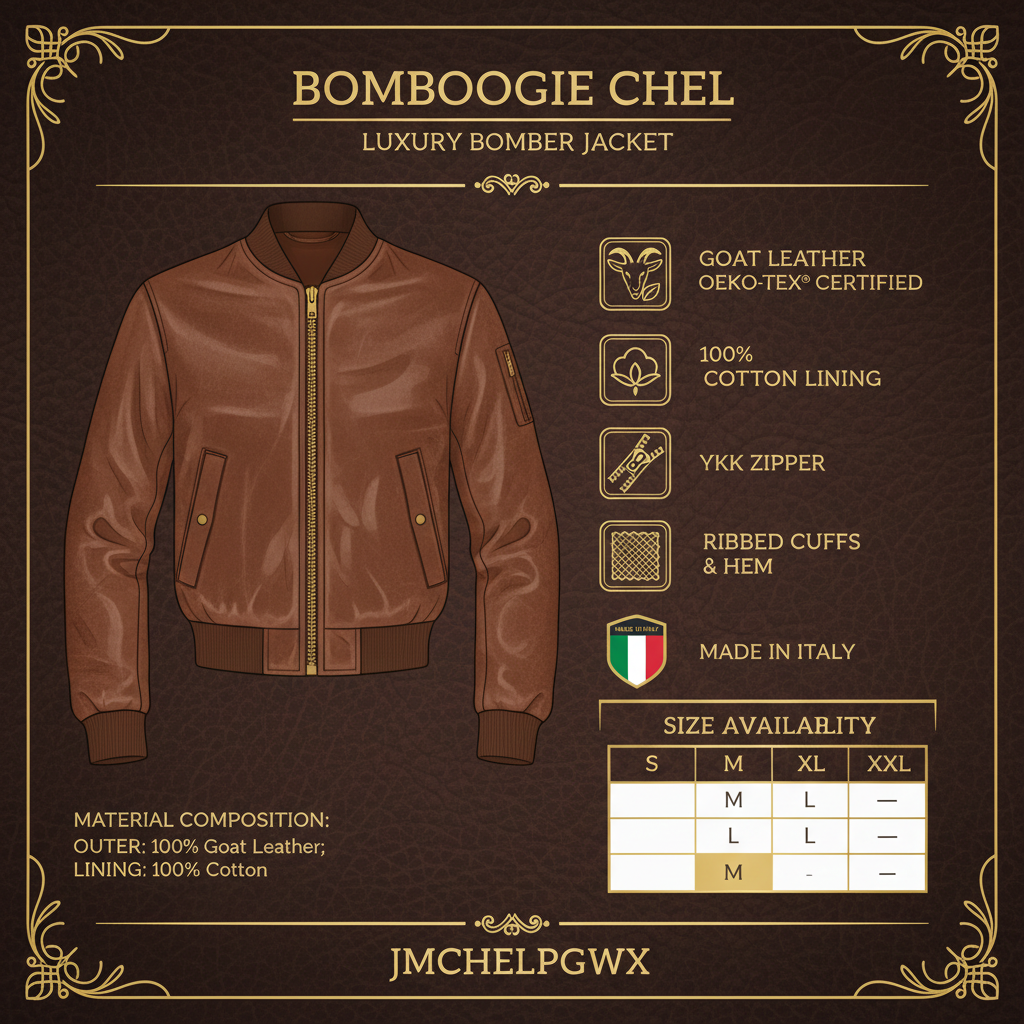 Infografica tecnica Bomboogie Chel bomber pelle marrone uomo - specifiche pelle capra OEKO-TEX fodera cotone zip YKK Made in Italy