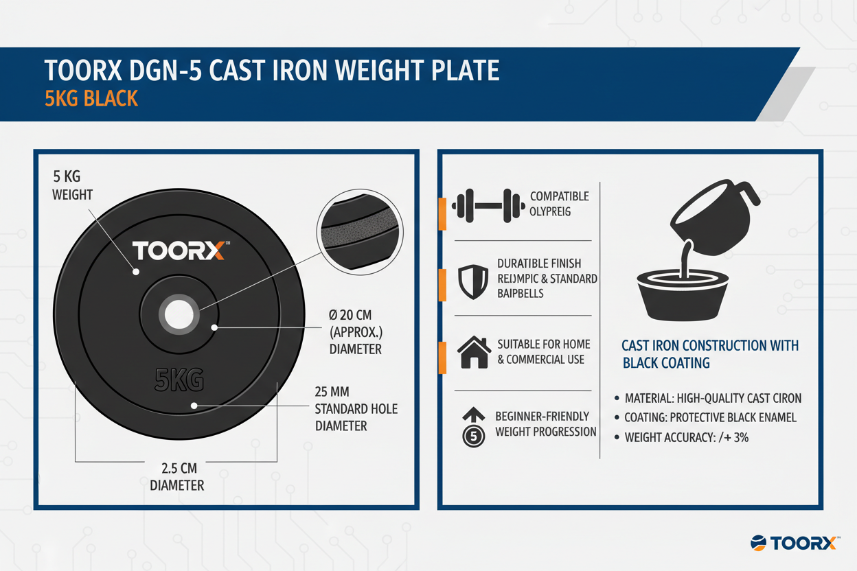 Infografica tecnica Toorx DGN-5 disco ghisa 5kg nero: foro 25mm, rivestimento anti-scheggiatura, compatibile bilancieri standard
