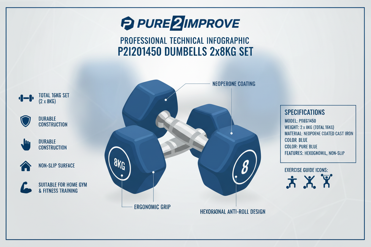 Infografica tecnica Pure 2Improve P2I201450 manubri 2x8kg: neoprene blu, ergonomico, esagonale, anti-roll, 16kg totale