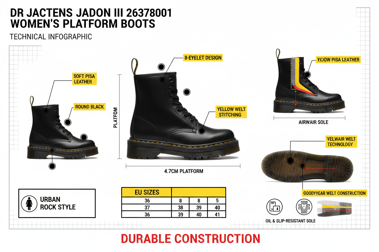 Infografica tecnica Dr. Martens Jadon III 26378001 anfibio platform donna: 8 fori, pelle Pisa, platform 4.7cm, AirWair, Goodyear