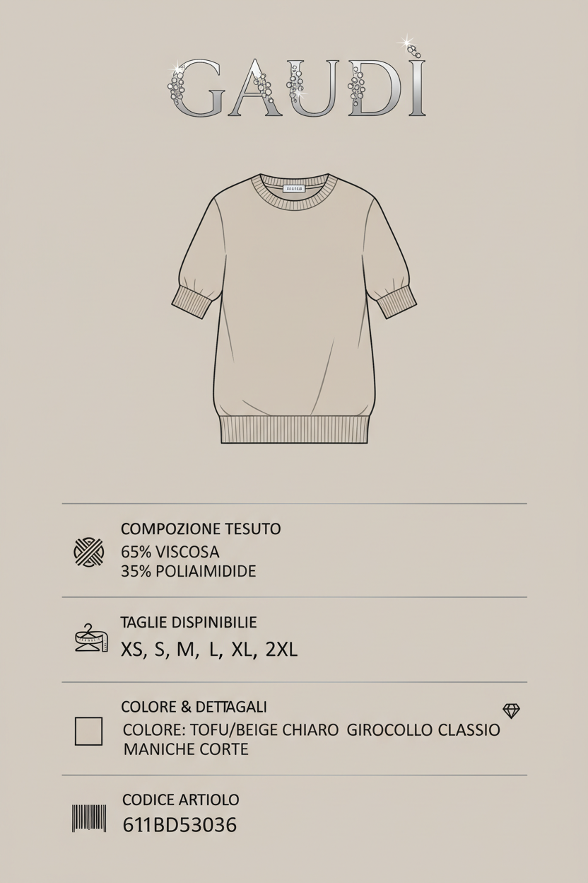 Infografica tecnica maglia donna Gaudì 611BD53036 girocollo strass - composizione tessuto, taglie, dettagli