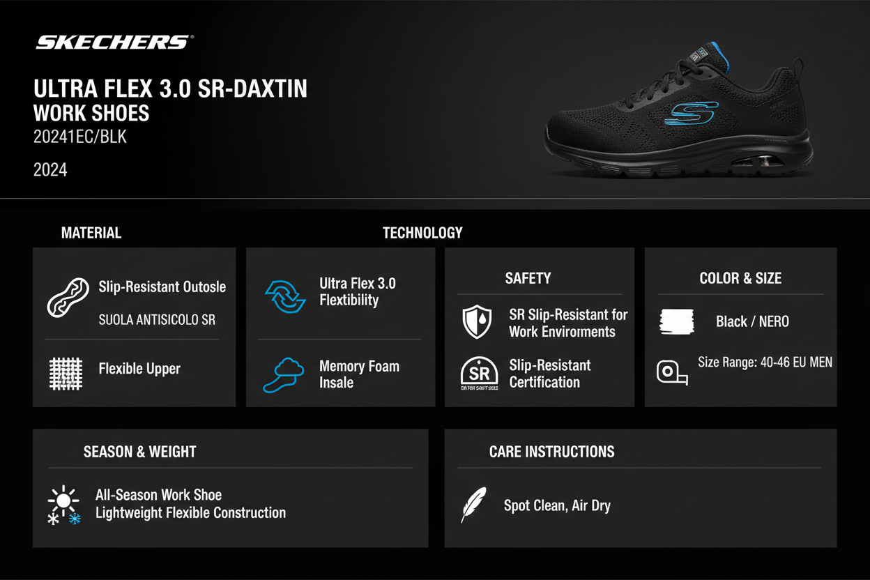 Infografica tecnica Skechers Ultra Flex 3.0 SR-Daxtin: certificazione SR, Memory Foam, flessibilità