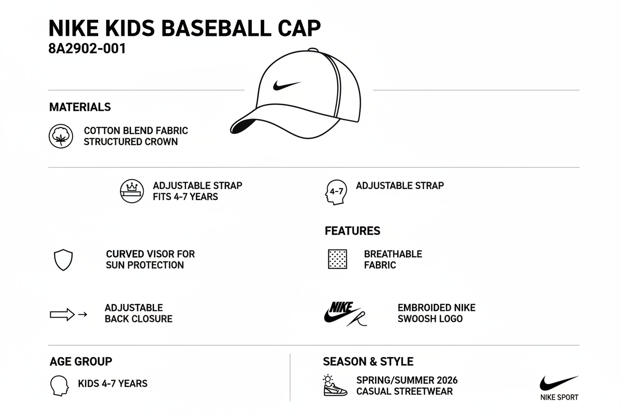 Infografica tecnica Nike berretto visiera bambino 8A2902-001 bianco: materiali cotone traspirante, età 4-7 anni, visiera curva protezione solare, chiusura regolabile, logo swoosh ricamato, peso 200g