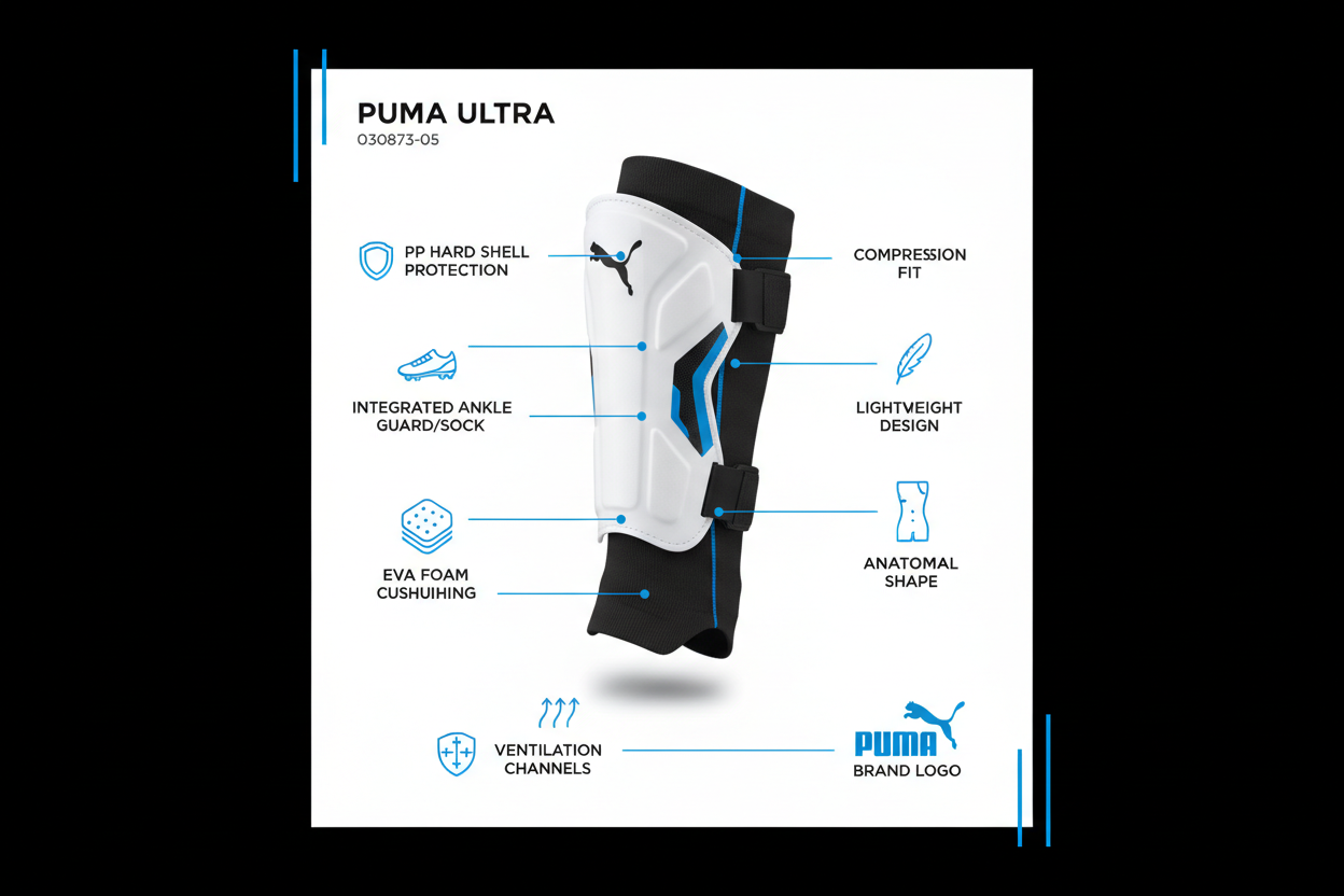 Puma parastinchi Ultra 030873-05 caratteristiche: guscio PP, gambale integrato protezione caviglia, EVA foam, compressione, anatomico, ventilazione, peso 95g