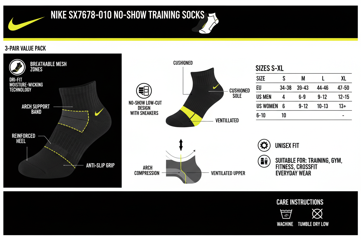Infografica tecnica Nike SX7678-010 calze fantasmini training nero: 3 paia, no-show, Dri-FIT, supporto arco, grip