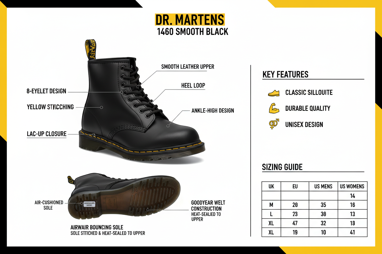 Infografica tecnica Dr. Martens 1460 Smooth anfibio nero: 8 fori, pelle smooth, AirWair, Goodyear welt, yellow stitching
