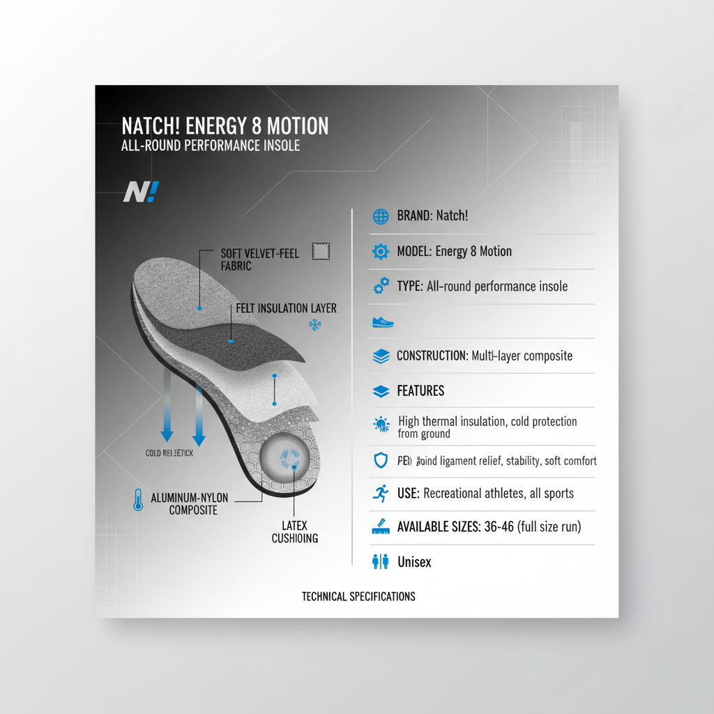 Infografica tecnica Natch! Energy 8 Motion soletta multi-strato composito alluminio-nylon isolamento termico