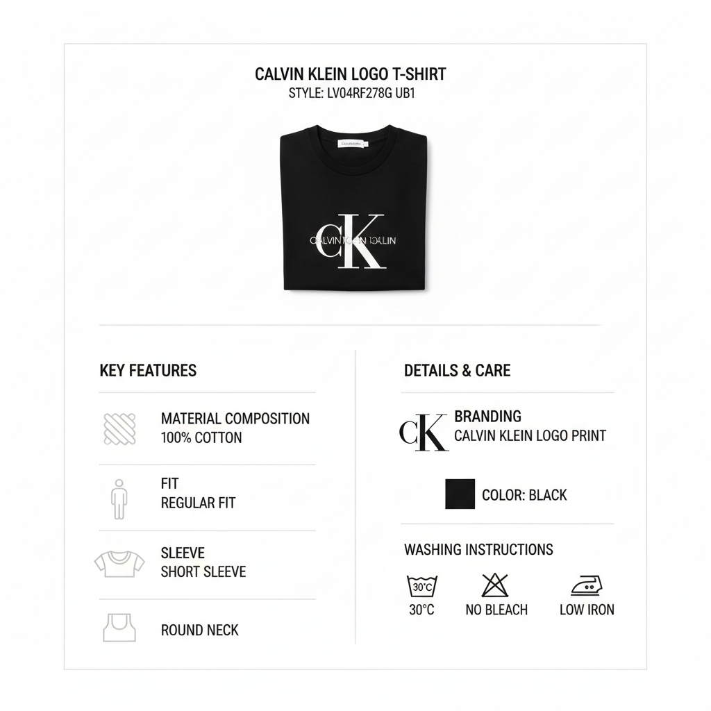 Infografica tecnica Calvin Klein T-shirt Logo LV04RF278G - caratteristiche materiali composizione vestibilità cotone