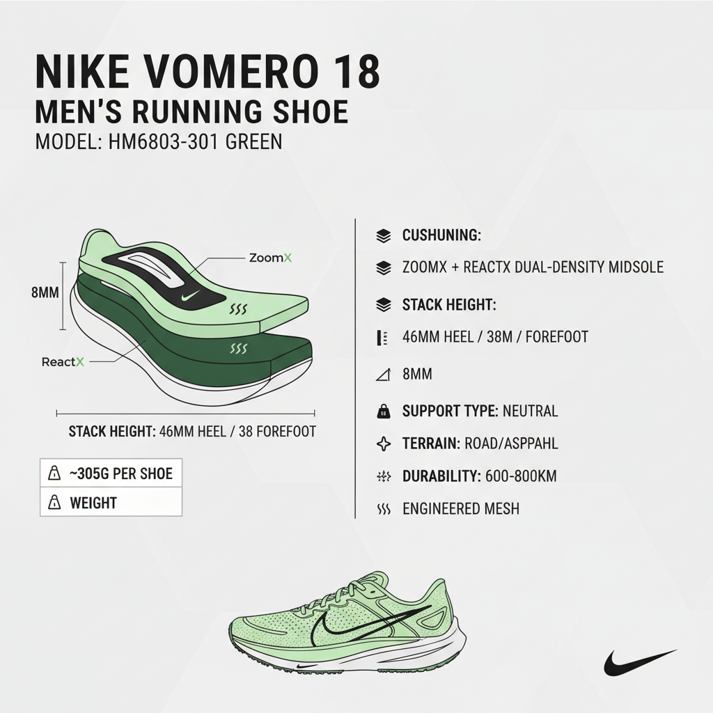 Infografica tecnica Nike Vomero 18 con specifiche ZoomX ReactX stack 46mm