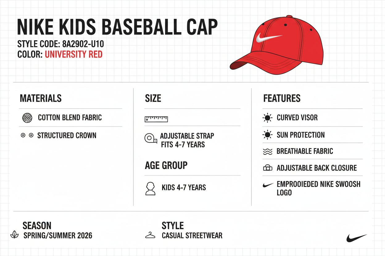 Infografica tecnica Nike berretto visiera bambino 8A2902-U10 rosso: materiali cotone traspirante, età 4-7 anni, visiera curva protezione solare, chiusura regolabile, logo swoosh ricamato, peso 200g