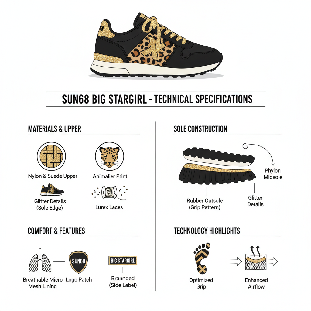 Infografica tecnica Sun68 Big Stargirl: nylon suede, animalier, glitter lurex, phylon, micro mesh, 280g