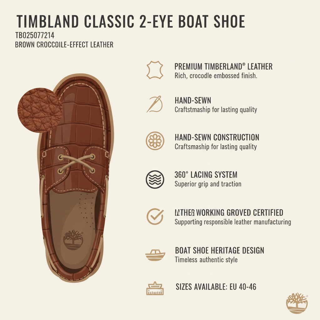 Infografica tecnica Timberland Classic 2-Eye TB025077214: pelle premium coccodrillo cucita a mano allacciatura 360° suola non-marking