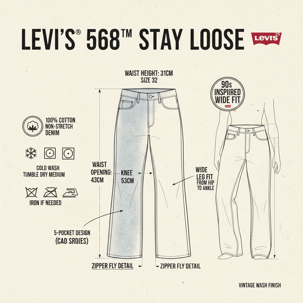 Infografica tecnica Levi's 568 Stay Loose jeans - misure vestibilità composizione
