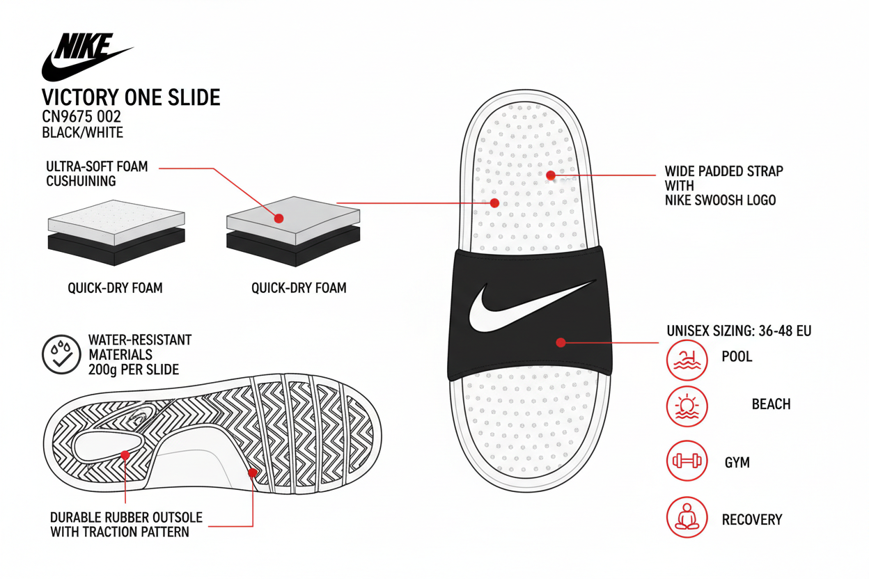 Infografica tecnica Nike Victory One Slide CN9675 002 ciabatte nero-bianco: EVA ultra-morbida, fascetta imbottita, grip, unisex