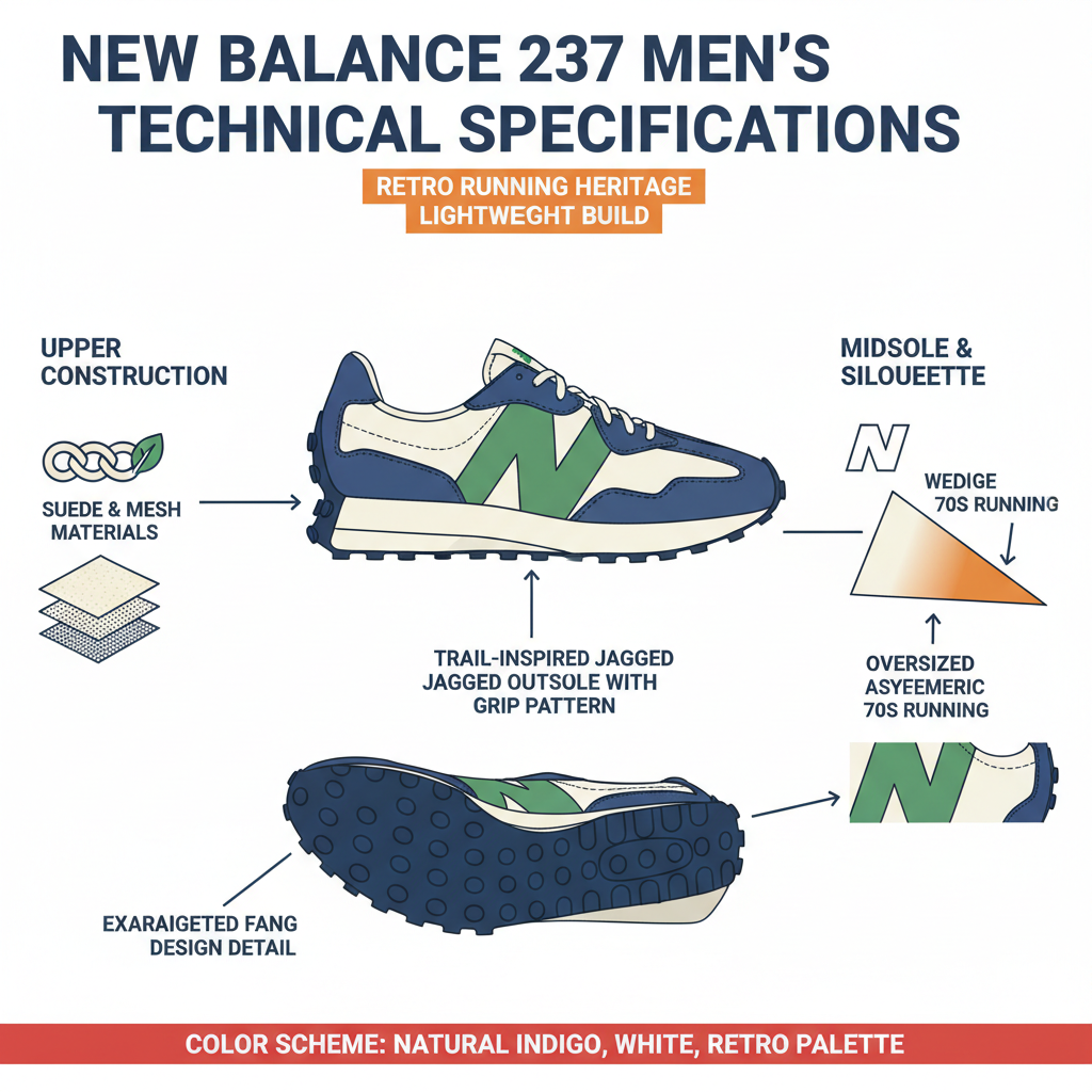Infografica tecnica New Balance 327: suede mesh, logo N oversize asimmetrico, suola trail dentellata, zeppa '70s, 290g