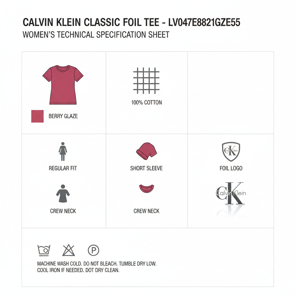 Infografica tecnica Calvin Klein T-shirt Donna Classic Foil LV047E821G2E5 berry glaze - caratteristiche materiali composizione vestibilità
