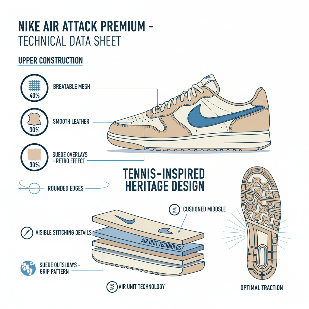 Infografica tecnica Nike Air Attack Premium: mesh pelle suede, tennis heritage, cuciture vista, bordi arrotondati, 310g
