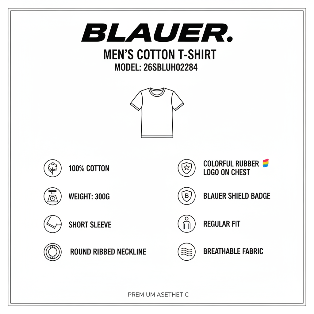 Infografica tecnica Blauer t-shirt 26SBLUH02284: cotone 100%, peso 300g, scollo rotondo costina, logo gommato colorato, scudetto, regular fit