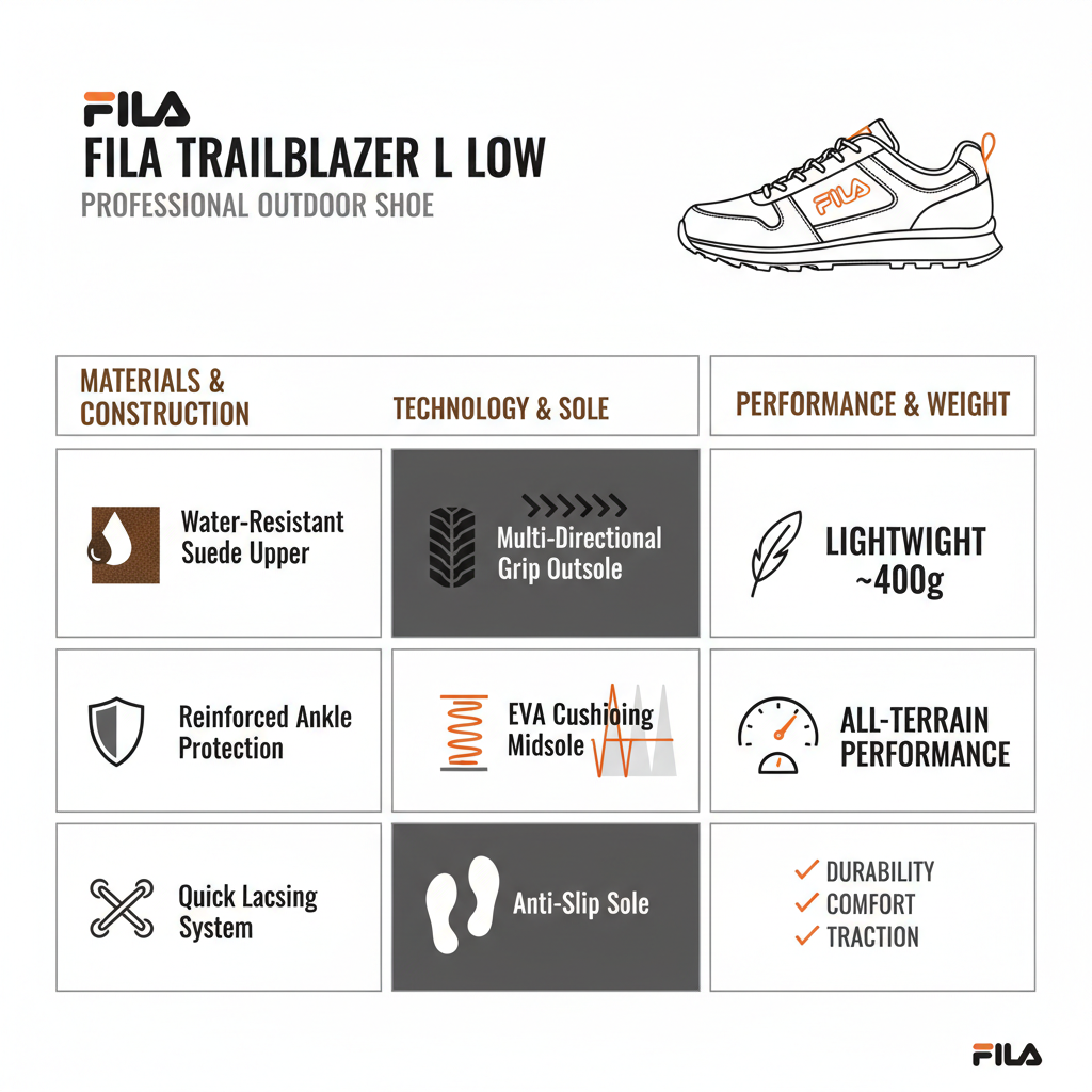 Infografica tecnica Fila Traiblazer L Low: specifiche materiali, tecnologie suola anti-scivolo, peso e caratteristiche outdoor