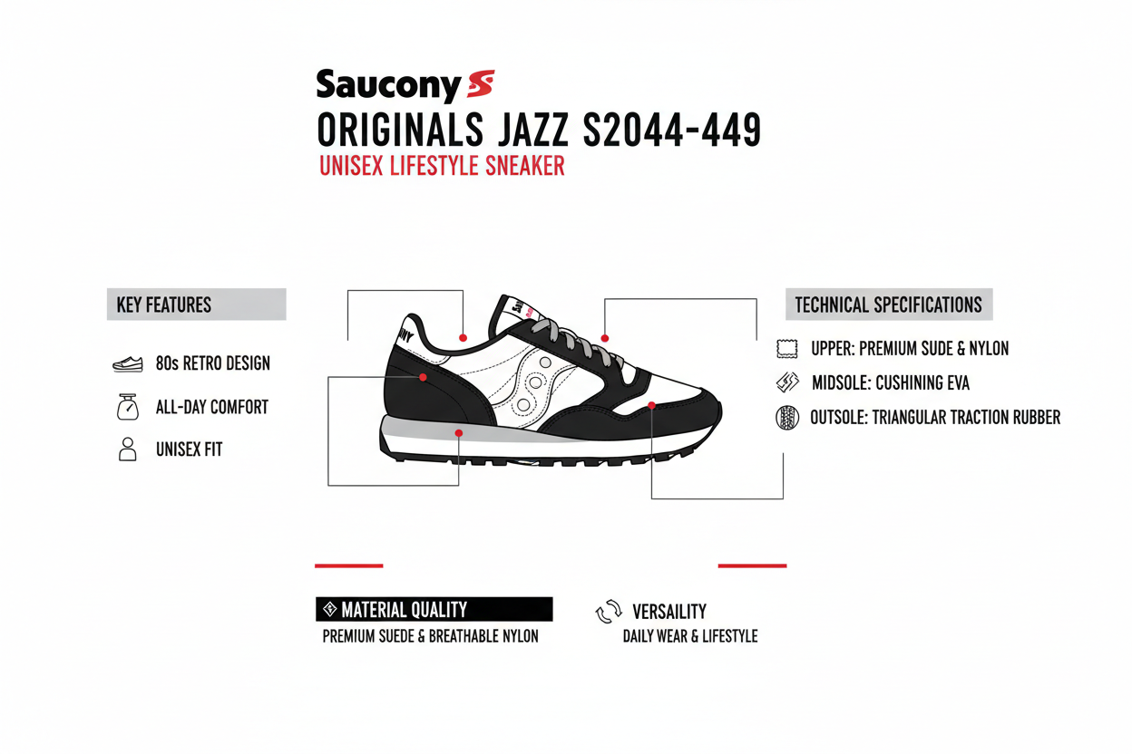 Infografica tecnica Saucony Originals Jazz S2044-449 sneakers unisex nero bianco - caratteristiche suede design retrò comfort