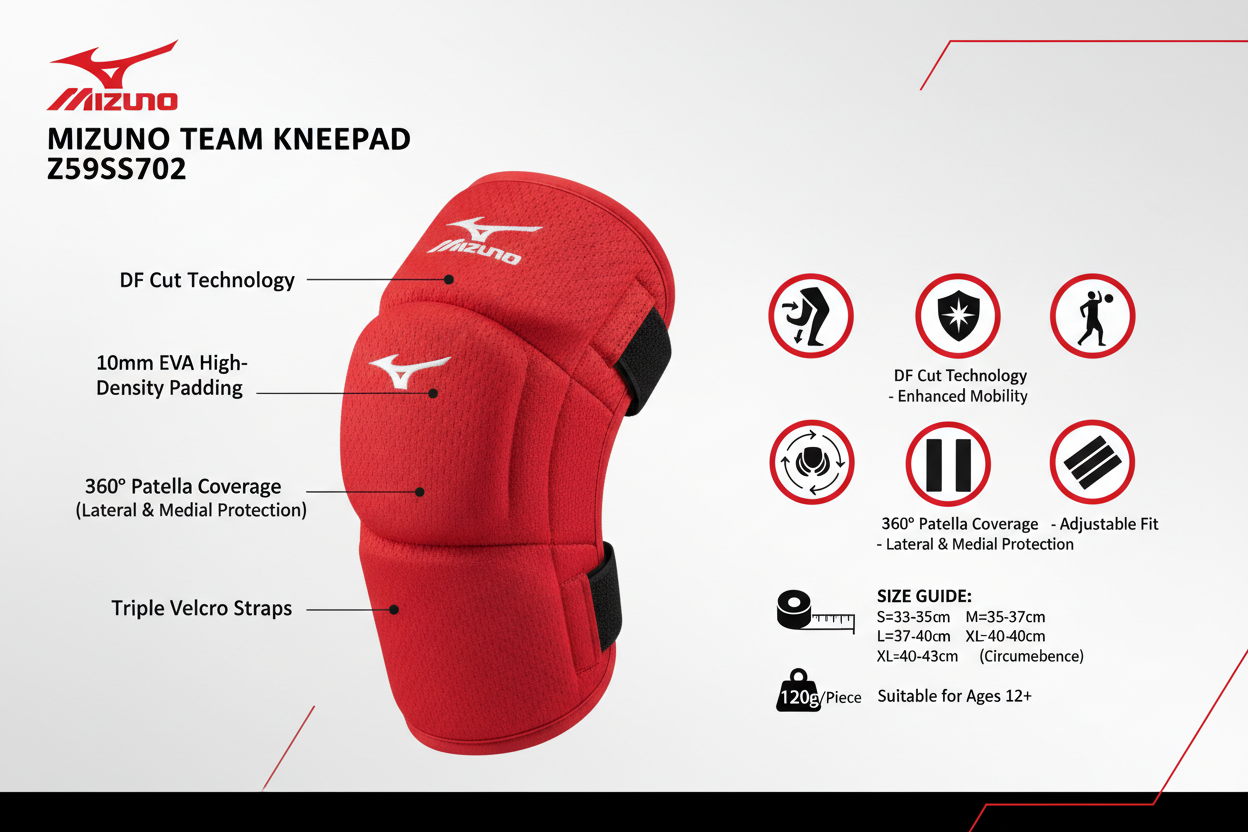 Infografica tecnica Mizuno Team Kneepad Z59SS702 ginocchiera pallavolo rossa: DF Cut, EVA 10mm, protezione 360°, taglie S-XL