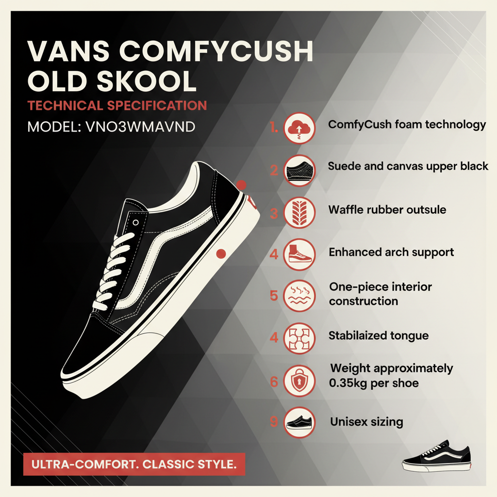 Infografica tecnica Vans ComfyCush Old Skool VN0A3WMAVND specifiche foam comfort supporto arco waffle