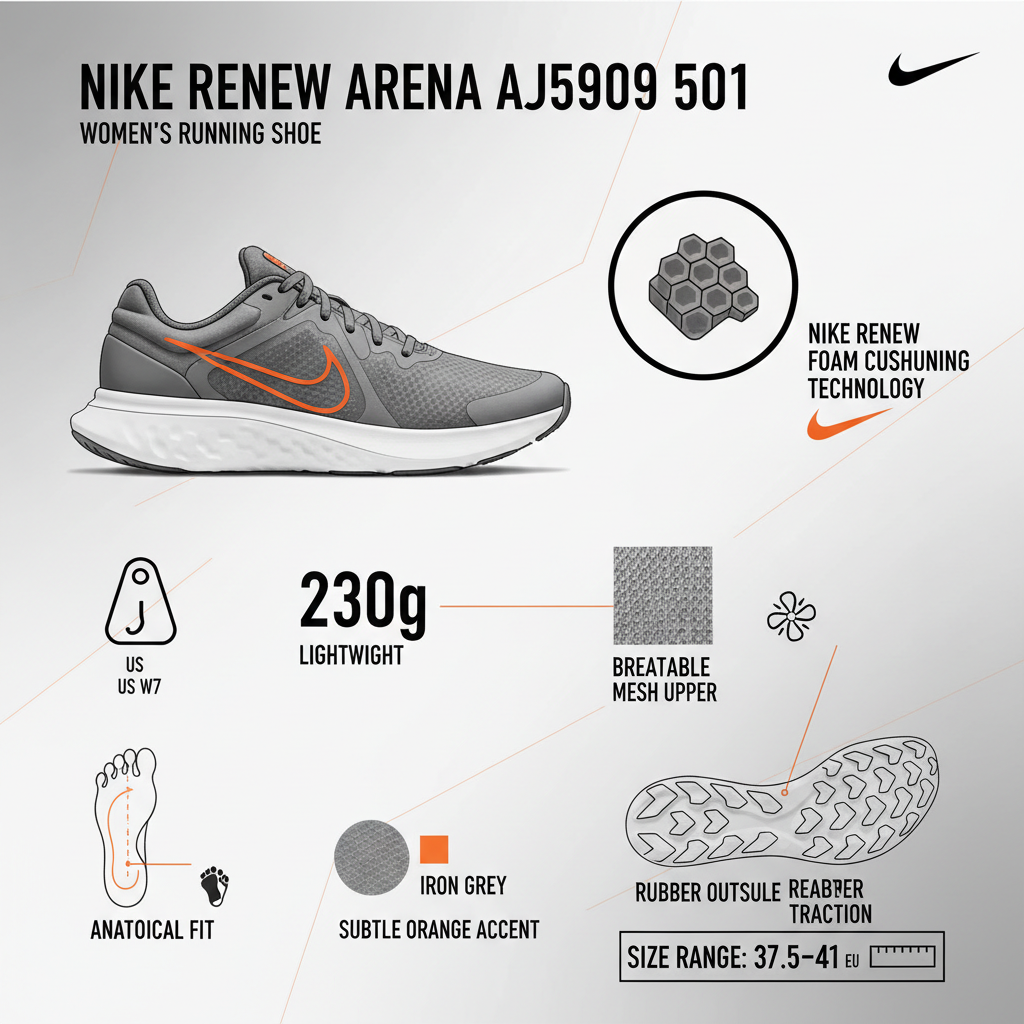 Infografica tecnica Nike Renew Arena AJ5909 501 - tecnologia Renew Foam, mesh traspirante, peso 230g, drop 10mm, taglie 37.5-41