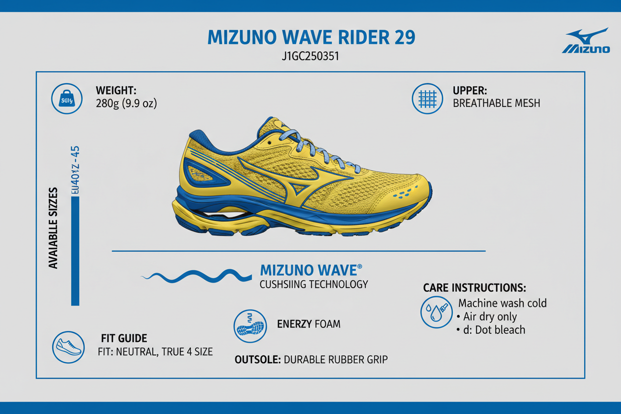 Infografica tecnica Mizuno Wave Rider 29 J1GC250351: tecnologia Wave + Enerzy foam, peso 280g, drop 10mm, tomaia mesh engineered, suola X10 carbon, taglie 40½-45, durata 700-900km, ritmi 4'00-6'00