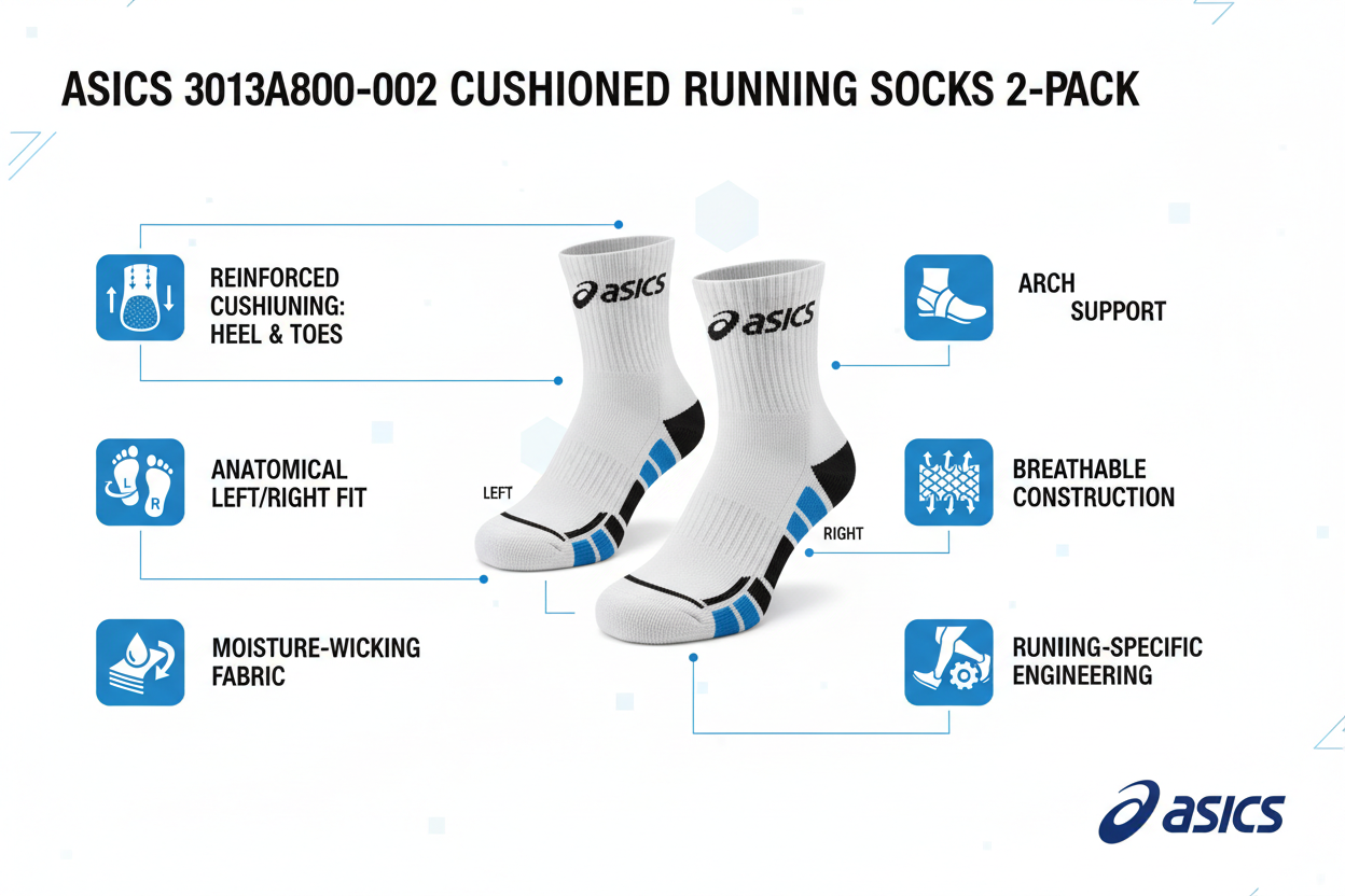 Asics calze running 3013A800-002 caratteristiche: 2 paia bianco-nero, ammortizzazione tallone dita, design anatomico L/R, moisture-wicking, supporto arco, mesh traspirante