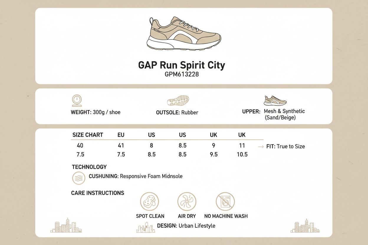 Infografica tecnica sneakers uomo GAP Run Spirit City GPM613228: tomaia mesh sintetico sabbia beige, suola gomma, peso 300g, guida taglie EU 40-45 con conversioni UK/US, ammortizzazione EVA, istruzioni pulizia urban lifestyle