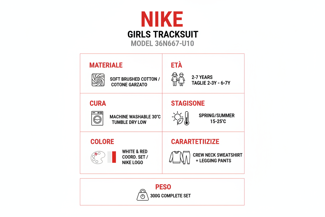 Infografica tecnica Nike Tuta Bambina 36N667-U10: materiali, taglie, cura, stagionalità