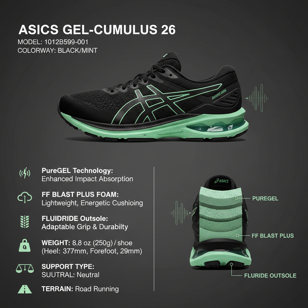 Infografica tecnica Asics GEL-CUMULUS 26 con specifiche PureGEL FF BLAST PLUS